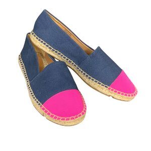J. Crew NWOT navy/neon flamingo‎ cap toe canvas espadrille slip on flat. Size 6